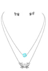 Aqua Stone Whimsical Crab Double Layer Silver Tone Necklace Earrings Set, 16"+3" Extender