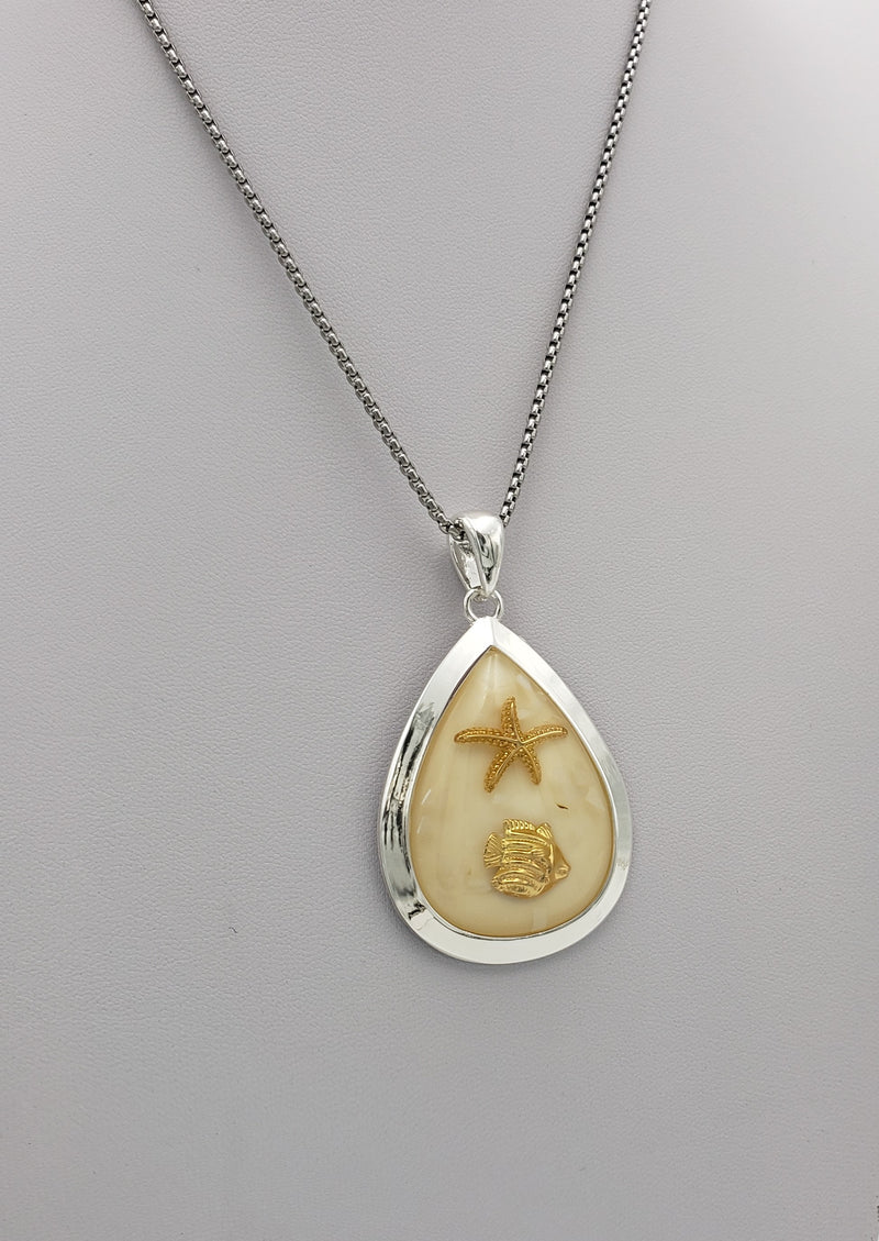Chic Polished Silver Tone Resin Teardrop Pendant With Gold Tone Fish And Starfish On Stainless Steel Rolo Necklace Chain, 17"+2" Extender