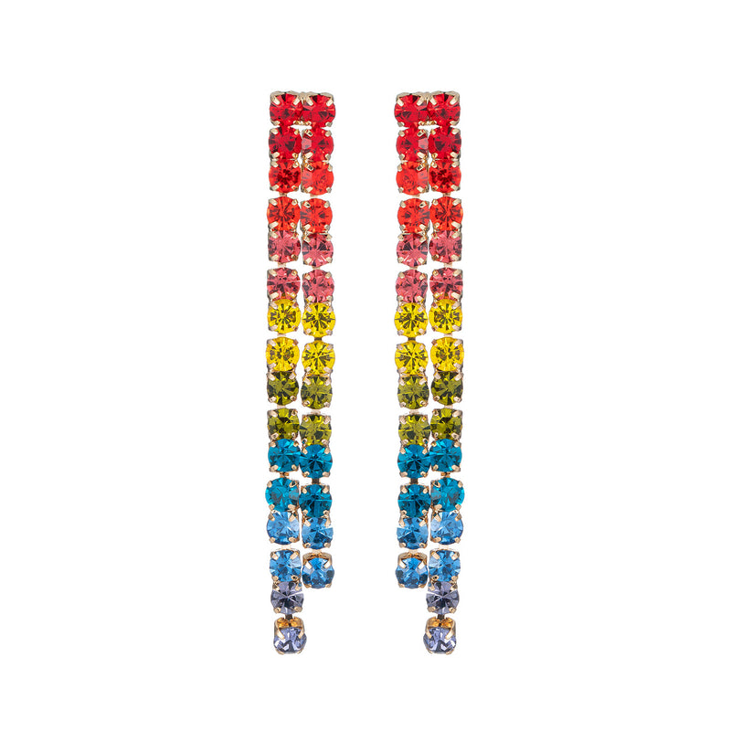 Sparkling Rainbow Crystal Rhinestone Strand Shoulder Duster Hypoallergenic Statement Earrings, 3.36" (6mm Double Strand, 4")