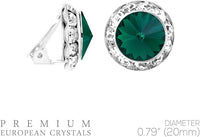 Timeless Classic Statement Clip On Halo Earrings Made With Premium Crystals (20mm, Emerald Green Silver Tone)