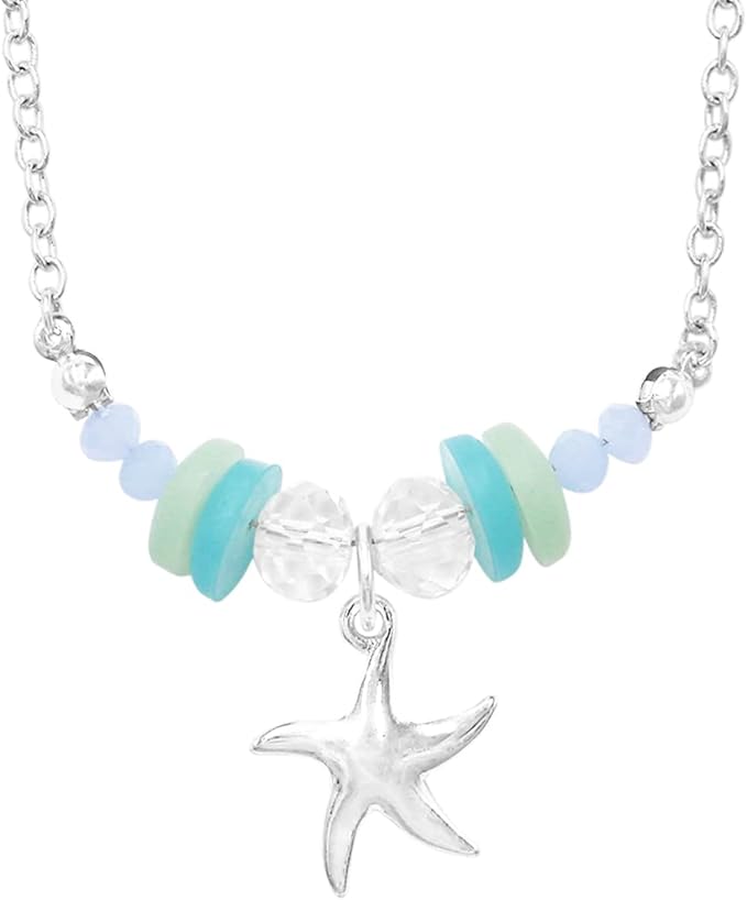 Whimsical Natural Sea Glass Bead And Starfish Pendant Necklace, 16"+3" Extender