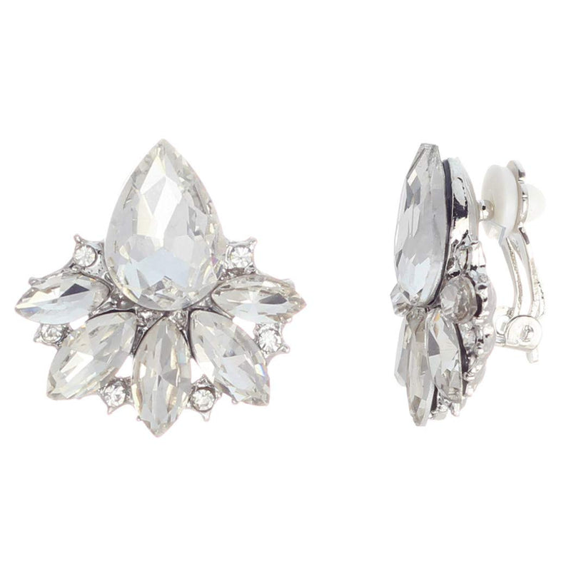 Elegant Silver Tone Marquise Style Statement Clip On Earrings, 1"