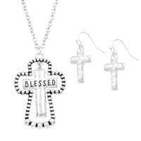 Women's Stunning Inspirational Religious Double Christian Cross With Blessed Pendant Necklace Earrings Easter Gift Set, 18"+3" Extender