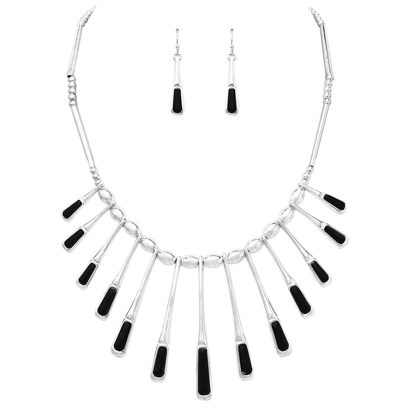 Women's Stunning Silver Tone Tailored Bar and Black Stone Statement Bib Necklace and Earrings Jewelry Set, 18-21" with 3" Extender