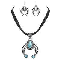 Women's Burnished Silver Tone Western Squash Blossom With Turquoise Howlite On Braided Vegan Leather Triple Strand Corded Necklace Earrings, 16"+3" Extension