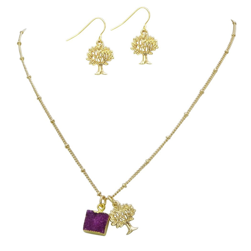 Bohemian Chic Natural Druzy Stone And Tree Of Life Pendant Charms Gold Tone Necklace Earring Set, 16.5"+3" Extender (Purple)