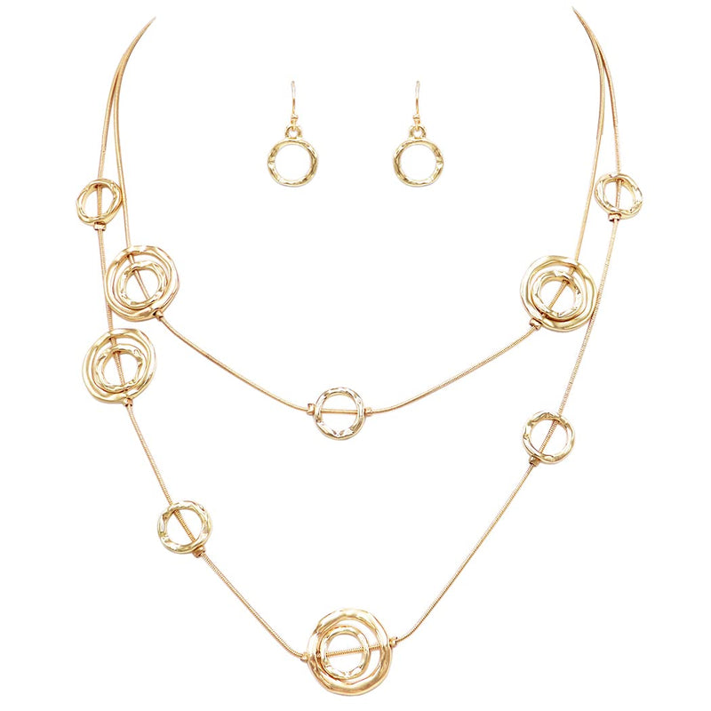 Women's Polished Gold Tone Contemporary Hammered Circles On Two Strand Multi Snake Chain Necklace Dangle Earrings Set, 17"-20" with 3" Extension