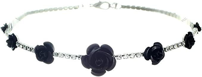 Women's Dazzling Black Enamel Coated 3D Metal Rose Flowers On Crystal Choker Style Necklace, 11