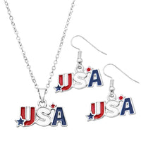 Women's Patriotic Red White And Blue Enamel USA Pendant Necklace Earrings Set, 16"+3" Extender
