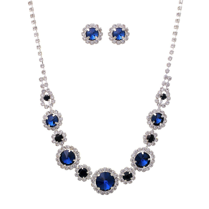 Stunning Dark Blue Crystal Rhinestone Necklace Hypoallergenic Stud Earrings Set, 14.5"+5" Extender