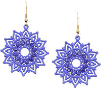 Powder Coated Metal Aztec Sun Goddess Dangle Sunflower Earrings, 2" (Blue)