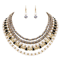 Women's Stunning Multi Strand Faceted Crystal And Simulated Pearl Cascading Bib Necklace Earrings Set, 16"+3" Extender