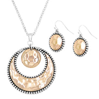 Women's Stunning Two Toned Hammered Metal Celestial Crescent Moon Pendant Necklace Earrings Set, 18"-21" with 3" Extender