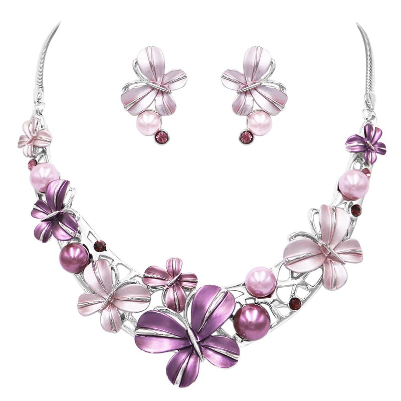 Women's Stunning Crystal Accented Enamel Textured Metal Butterfly Necklace Earrings Set, 14"+3" Extender (Purple With Pearl Snake Chain)