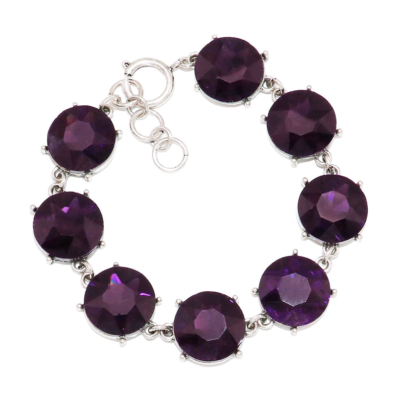 Stunning Vintage Vibes Colorful Large Round Crystal Ice Statement Bejeweled Link Bracelet, 7.5"+1" Extender (Silver Tone/Purple)