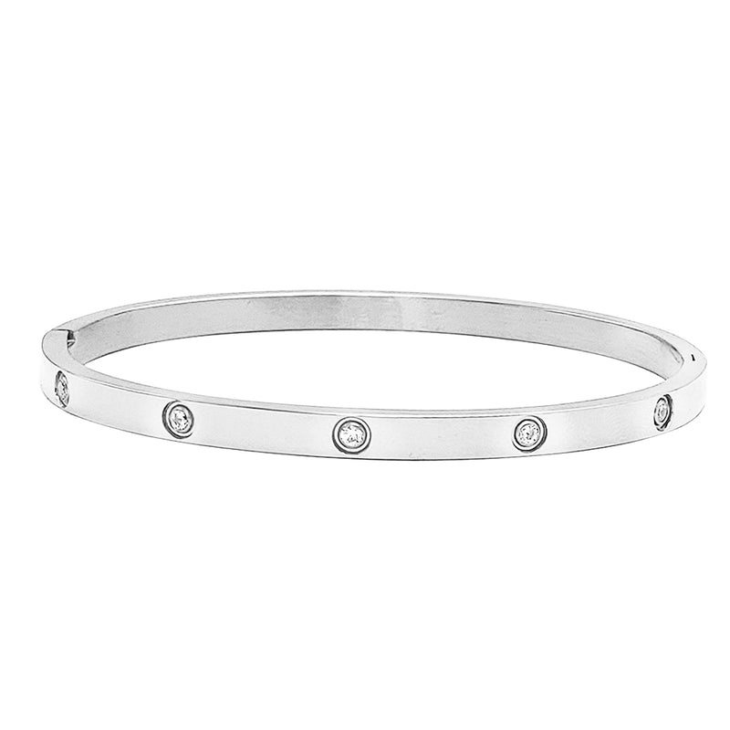 Chic And Stunning CZ Crystals In Stainless Steel Stackable Hinged Cuff Designer Bangle Bracelet, 6.5" (Stainless Steel Round Stone)