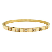 Chic And Stunning CZ Crystals In Stainless Steel Stackable Hinged Cuff Designer Bangle Bracelet, 6.5" (Gold PVD Square Pattern)