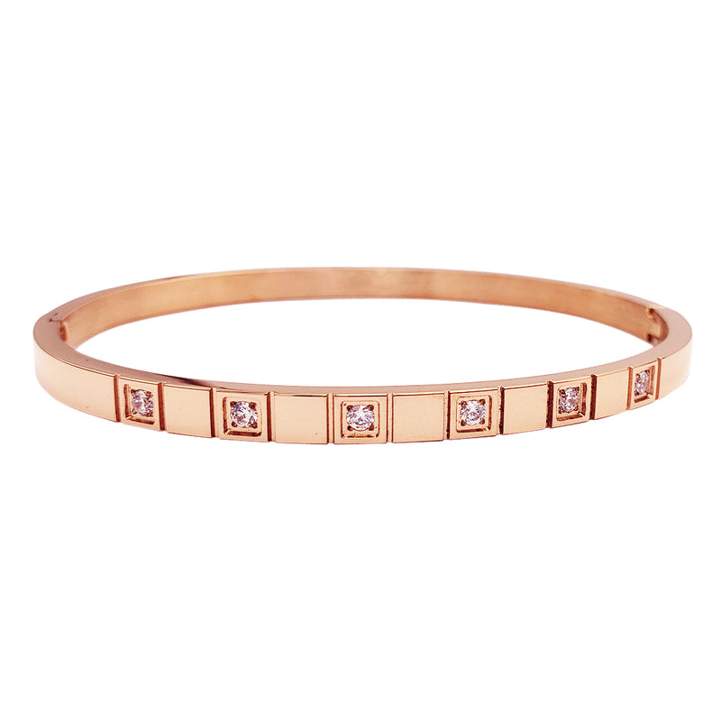 Chic And Stunning CZ Crystals In Stainless Steel Stackable Hinged Cuff Designer Bangle Bracelet, 6.5" (Rose Gold Square Pattern)
