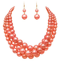 Women's 3 Colorful Multi Strands Simulated Pearl Necklace And Earrings Jewelry Gift Set, 18"+3" Extender (Orange Gold Tone - Double Ball Earring)