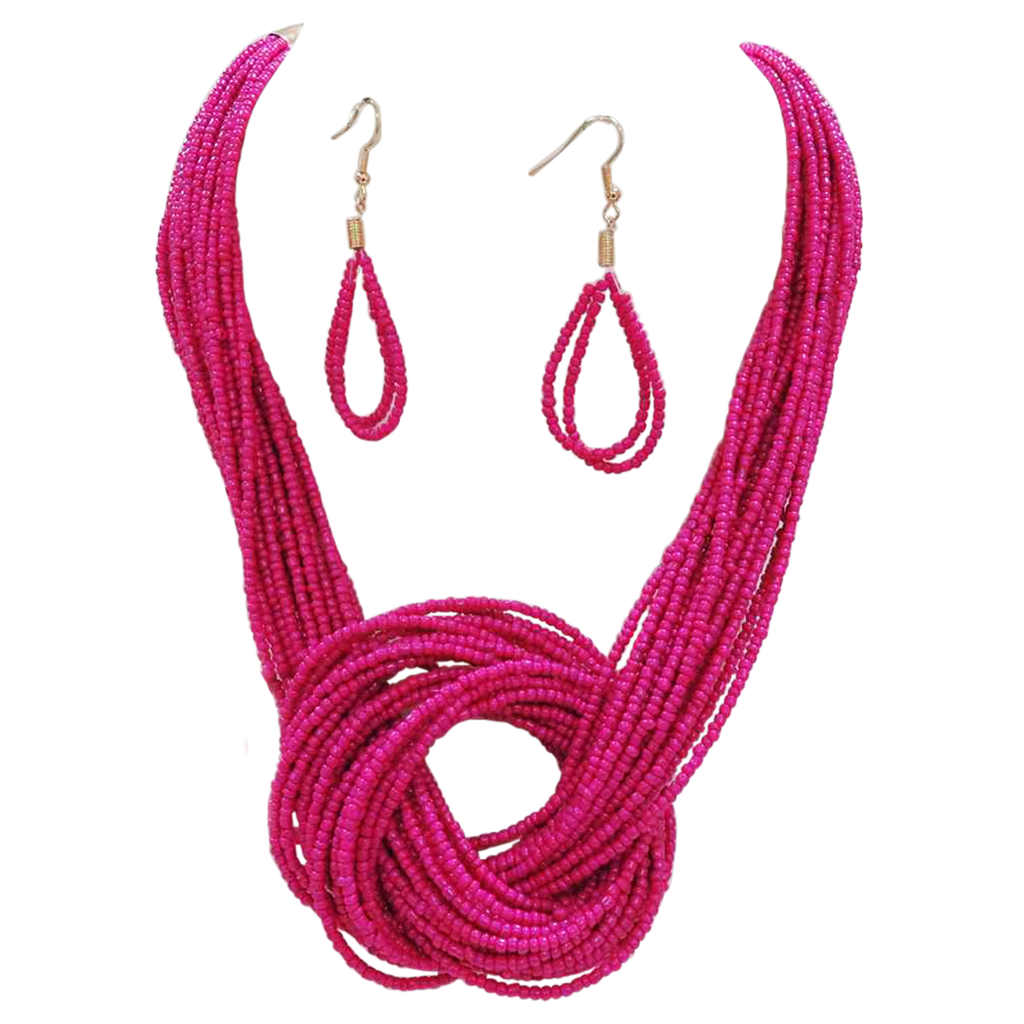 Vibrant Fuchsia Pink Knotted Multi-Strand Seed Bead Statement Bohemian Necklace And Earrings Set, 16