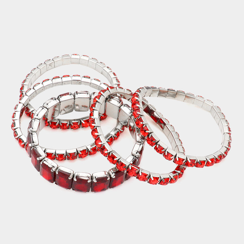 Stunning Statement Set Of 5 Colorful Crystal Rhinestone Stretch Bracelets, 6.75"