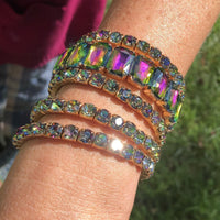 Stunning Statement Bejeweled Set Of 5 Colorful Crystal Rhinestone Stretch Bracelets, 6.75" (Blue Crystal Gold Tone)
