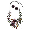 Stunning 3D Metal Flowers With Colorful Resin And Crystal Vine Necklace And Earrings Gift Set, 14"+3" Extension (Red Pink Flowers Yellow Crystals Hematite Tone CLIP ON Earring)