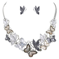 Women's Beautiful Glitter Resin And Enamel Butterflies With Crystal Rhinestone Accents Collar Necklace Earrings Gift Set, 13"+3" Extender (Silver Black Neutrals)