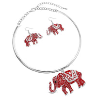 Majestic Enamel Coated Crystal Accented Lucky Elephant Statement Necklace Earrings Set, 12"-14" with 2" Extension (Red Enamel on Silver Tone)