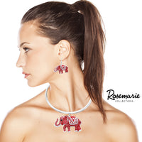 Majestic Enamel Coated Crystal Accented Lucky Elephant Statement Necklace Earrings Set, 12"-14" with 2" Extension (Red Enamel on Silver Tone)
