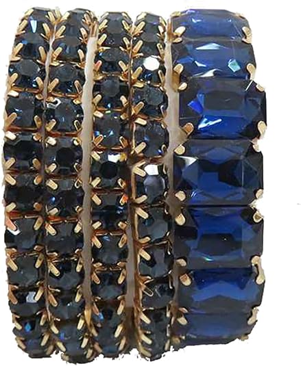 Stunning Statement Bejeweled Set Of 5 Colorful Crystal Rhinestone Stretch Bracelets, 6.75" (Blue Crystal Gold Tone)