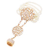 Unique Circular Design Crystal Rhinestone And Simulated White Pearl Stretch Bracelet Ring Hand Chain (Cream Gold Tone)