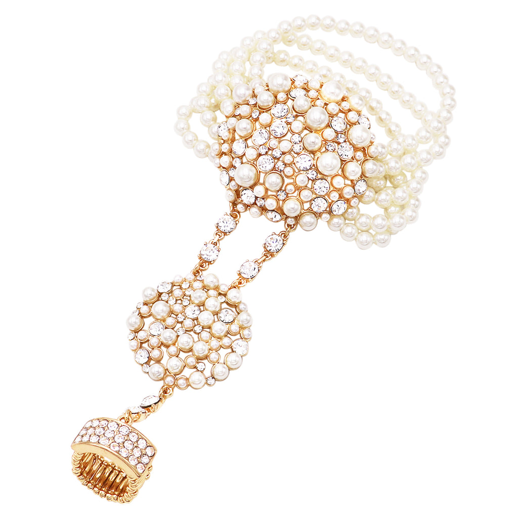 Unique Circular Design Crystal Rhinestone And Simulated White Pearl Stretch Bracelet Ring Hand Chain Gold Tone