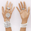 Unique Circular Design Crystal Rhinestone And Simulated White Pearl Stretch Bracelet Ring Hand Chain (White Silver Tone)