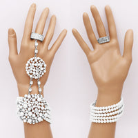 Unique Circular Design Crystal Rhinestone And Simulated White Pearl Stretch Bracelet Ring Hand Chain (White Silver Tone)