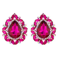 Statement Vintage Style Dramatic Teardrop Crystal Clip On Style Earrings, 1.75" (Gold Tone Fuchsia Pink)