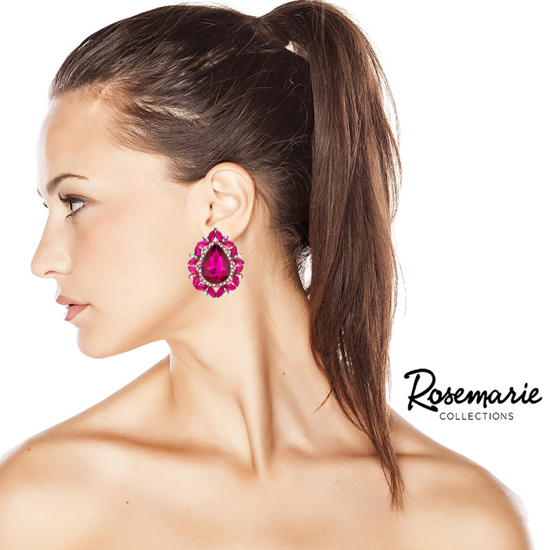 Statement Vintage Style Dramatic Teardrop Crystal Clip On Style Earrings, 1.75" (Gold Tone Fuchsia Pink)