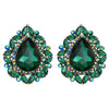 Statement Vintage Style Dramatic Teardrop Crystal Clip On Earrings, 2" (Emerald Green Gold Tone)