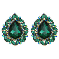 Statement Vintage Style Dramatic Teardrop Crystal Clip On Earrings, 2" (Emerald Green Gold Tone)