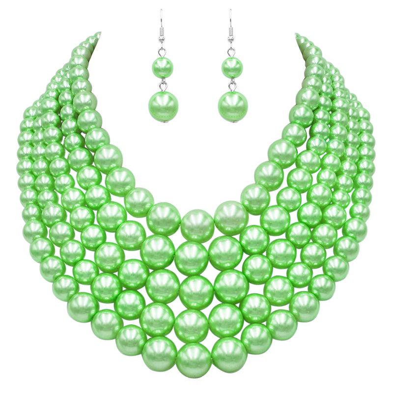 Multi Strand Simulated Pearl Bib Necklace and Earrings Jewelry Set, 16"+3" Extender (Lime Green Silver Tone)…