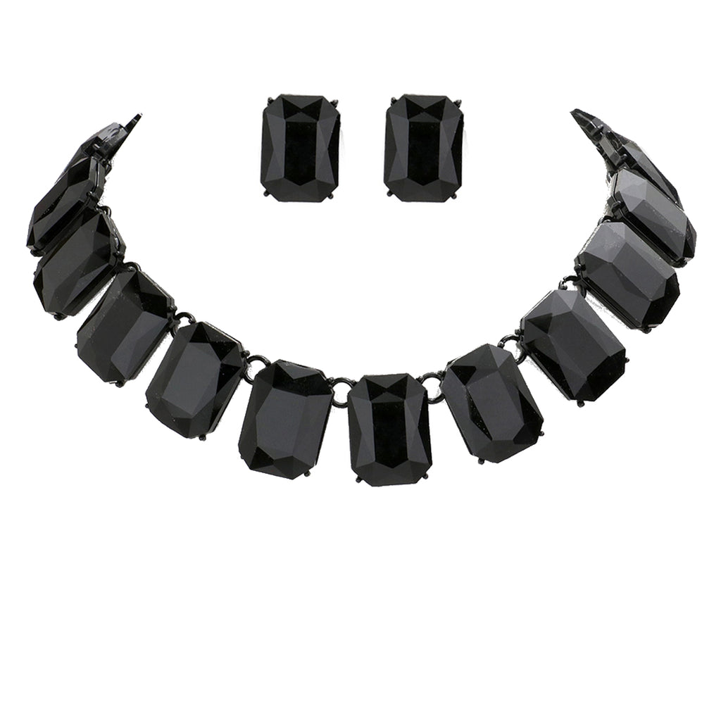 Stunning And Colorful Emerald Cut Crystal Rhinestone Statement Necklace Earrings Bridal Gift Set, 16.5