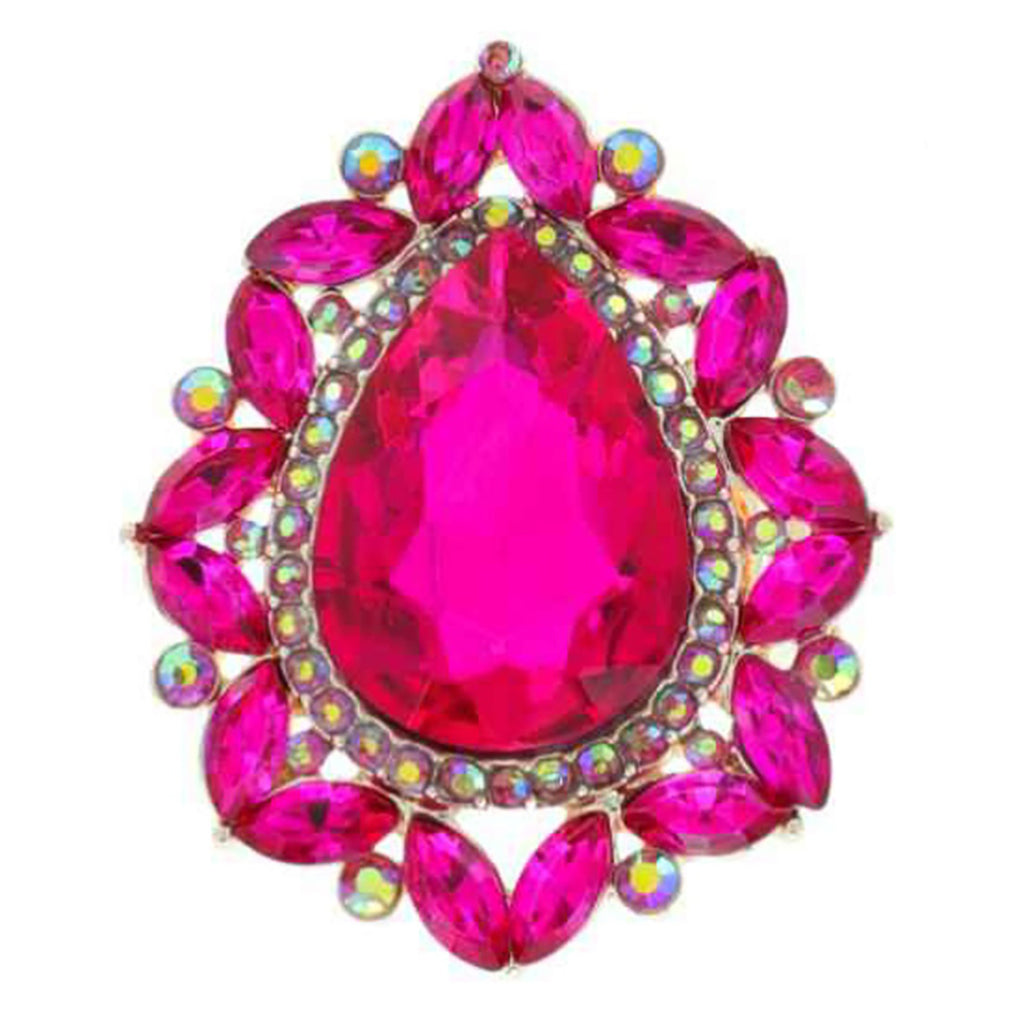 Stunning Statement Teardrop Glass Crystal Stretch Cocktail Ring (Gold Tone Fuchsia Pink Crystal )
