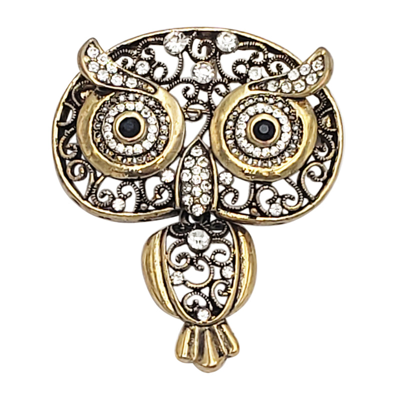 Vintage Style Metal Filigree With Crystal Accents Hootiful Wise Owl Brooch With Pendant Loop, 2.5" (Aged Gold Tone)
