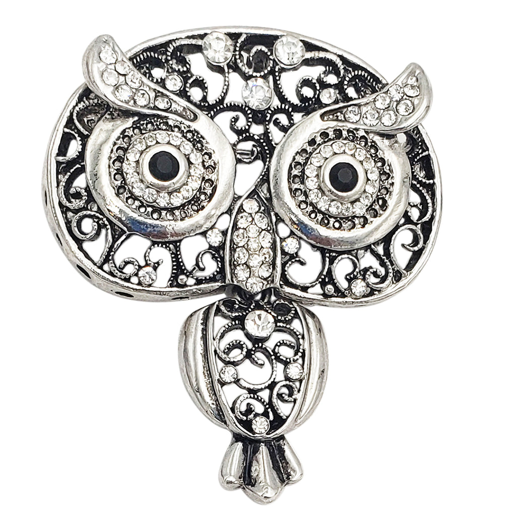 Vintage Style Metal Filigree With Crystal Accents Hootiful Wise Owl Brooch With Pendant Loop, 2.5