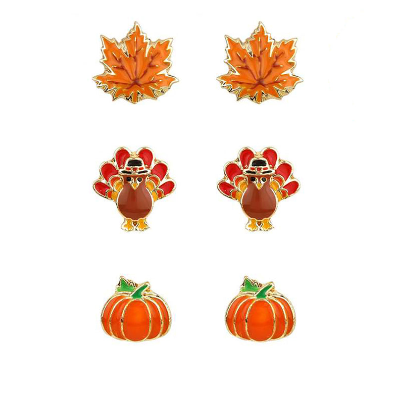 Fun Set Of 3 Fall Favorite Hypoallergenic Enamel Stud Earrings, 0.50" (Turkey Pumpkin Autumn Leaf)