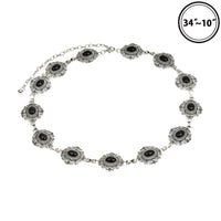 Cowgirl Chic Statement Western Burnished Silver Tone Conchos On Link Body Waist Chain Belt (Black Howlite Stone Centers 34"+9" Extender)