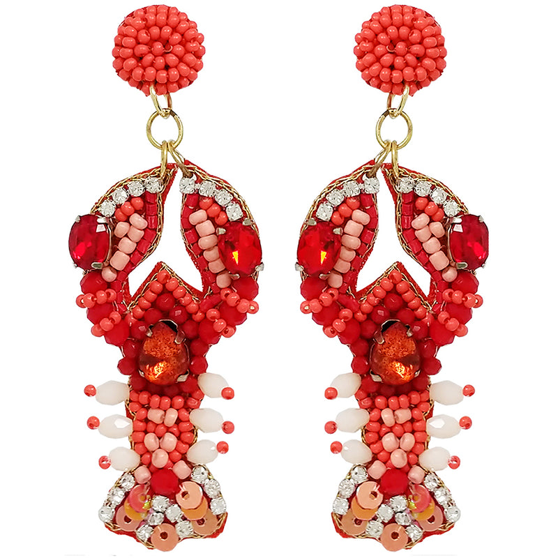 Unique Sea Creature Decorative Seed Bead Lobster Hypoallergenic Post Back Dangle Earrings, 3"