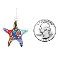 Whimsical Starfish With Colorful Enamel Mosaic Dangle Silver Tone Earrings, 1.5"