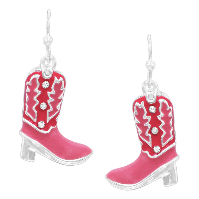 Cowgirl Chic Unique Burnished Silver Tone With Enamel And Crystal Textured Western Cowboy Boots Dangle Earrings (3D Pink With Clear Crystal, 1.25")