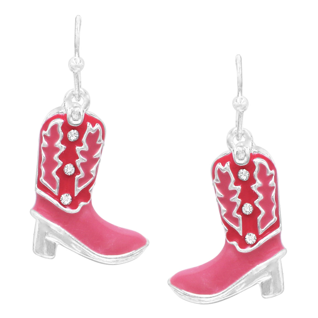Cowgirl Chic Unique Burnished Silver Tone With Enamel And Crystal Textured Western Cowboy Boots Dangle Earrings (3D Pink With Clear Crystal, 1.25